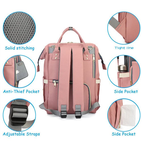 Lequeen USB Diaper Backpack with Rear Anti-theft Pocket Design 11 Lequeen pink grey Oxford cloth diaper bag with USB and stroller loop