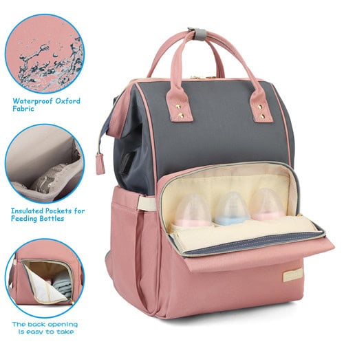 Lequeen USB Diaper Backpack with Rear Anti-theft Pocket Design 12 Lequeen pink grey Oxford cloth diaper bag with USB and stroller loop