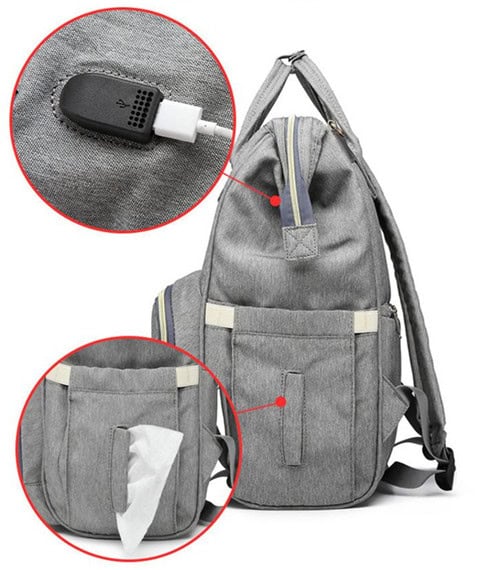 LEQUEEN Beige red Waterproof Oxford diaper backpack with Baby bottle bag and USB