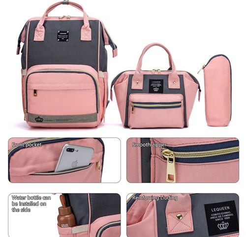 Le queen pink Oxford Diaper Bag and Tote Set with Changing Pad and USB