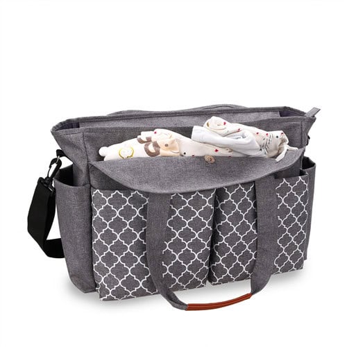 Black Oxford geometric print portable crossbody diaper bag with Pacifier Bag