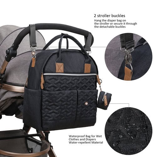 Embossed Black Mommy Bag Waterproof Diaper Backpack 11 black Oxford Diamond lattice maternity bag with pacifier bag