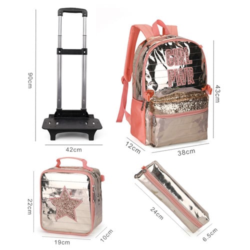 Pink PU star print trolley children's schoolbag with insulated lunch box and pencil case