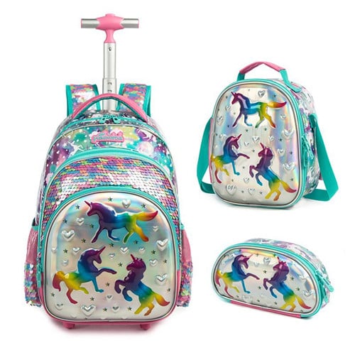 Purple sequin cartoon 6D unicorn 3-piece children's schoolbag
