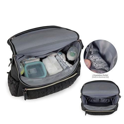 Embroidered Waterproof Baby Maternal Backpack Bag 13 Black Polyester Quilted Embroidered Multifunctional Backpack Diaper Bag