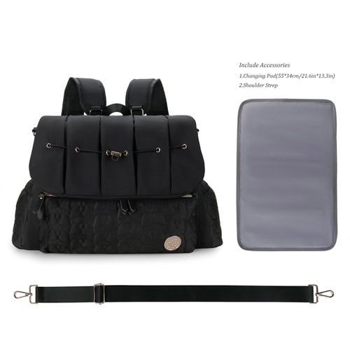 Embroidered Waterproof Baby Maternal Backpack Bag 12 Black Polyester Quilted Embroidered Multifunctional Backpack Diaper Bag