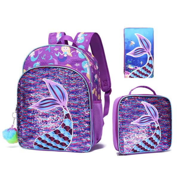 3-piece Schoolbag Sequined Kind’s Mermaid Casual Backpack