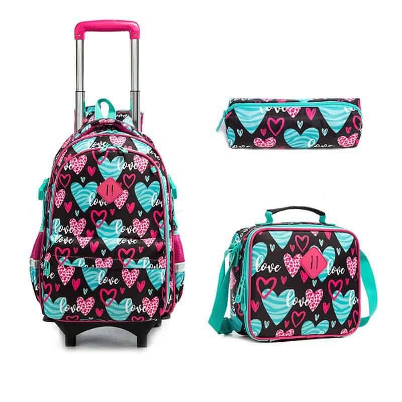 Printed Side Opening Schoolbag Student Trolley Bag Set