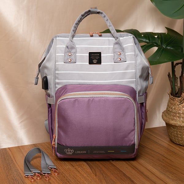 LEQUEEN Striped Backpack with Bottle Bag and Changing Mat 8 LEQUEEN Striped Backpack with Bottle Bag and Changing Mat - Image 7