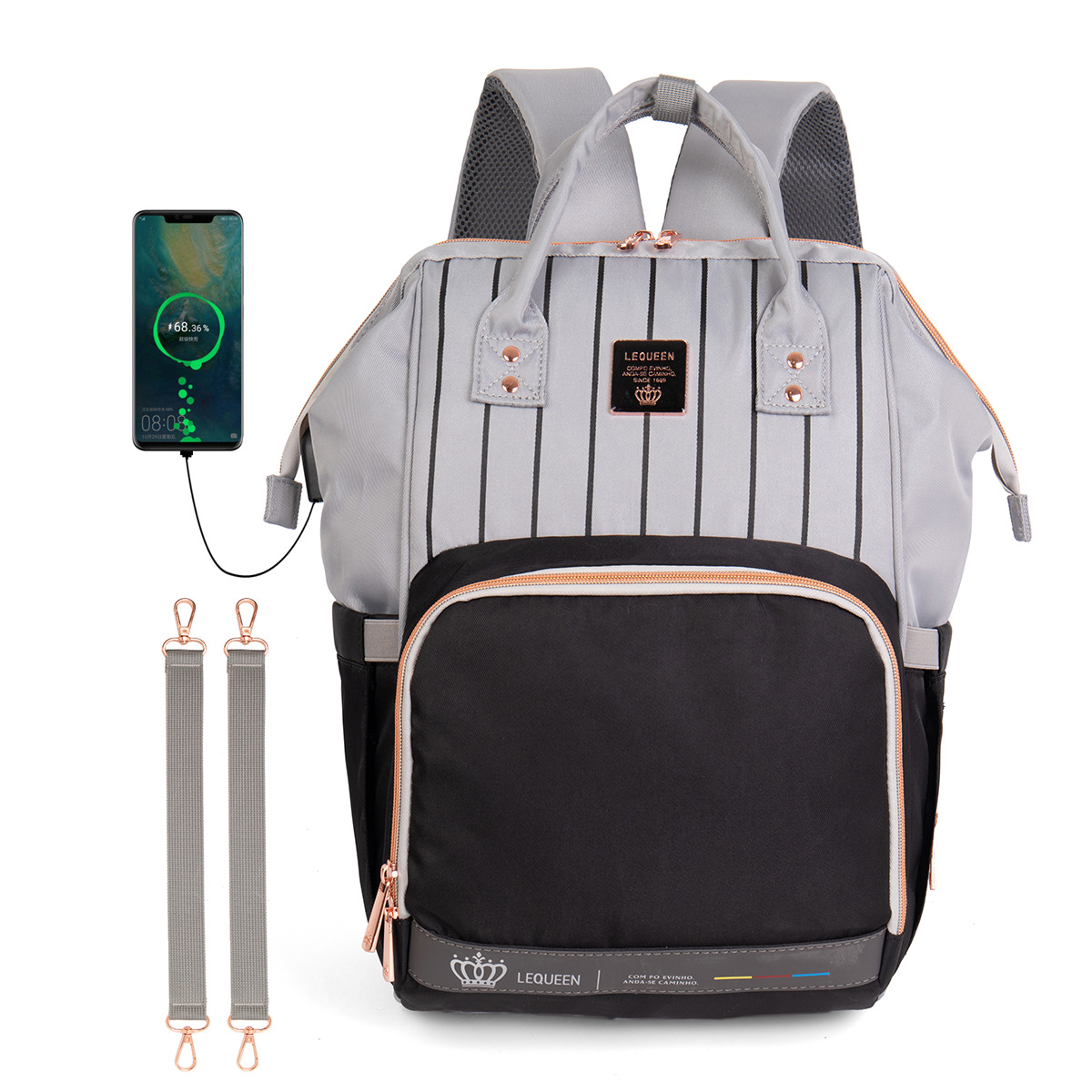 LEQUEEN Striped Backpack with Bottle Bag and Changing Mat
