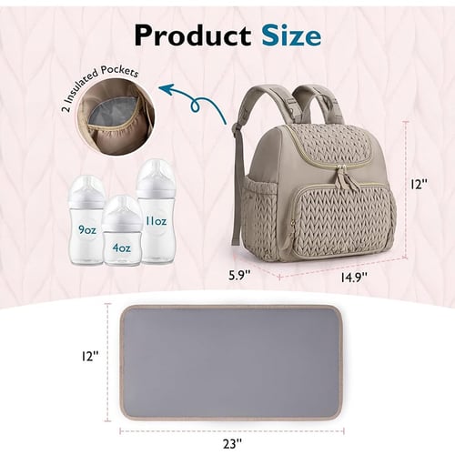Quilted Mommy Diaper Backpack with Insulated Pocket & Changing Pad.