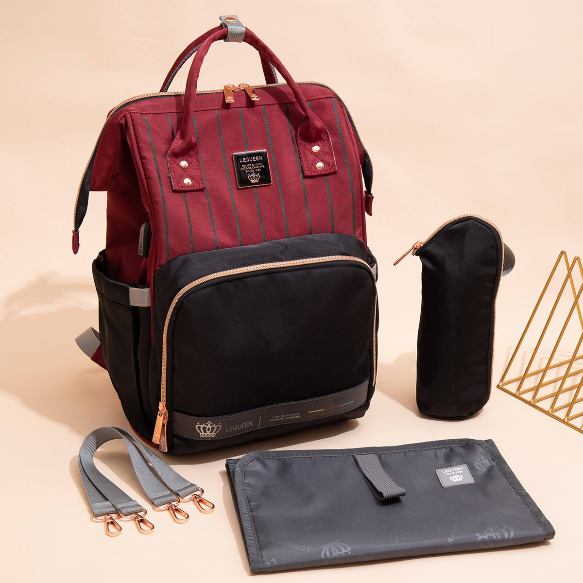 LEQUEEN Striped Backpack with Bottle Bag and Changing Mat 12 LEQUEEN Striped Backpack with Bottle Bag and Changing Mat